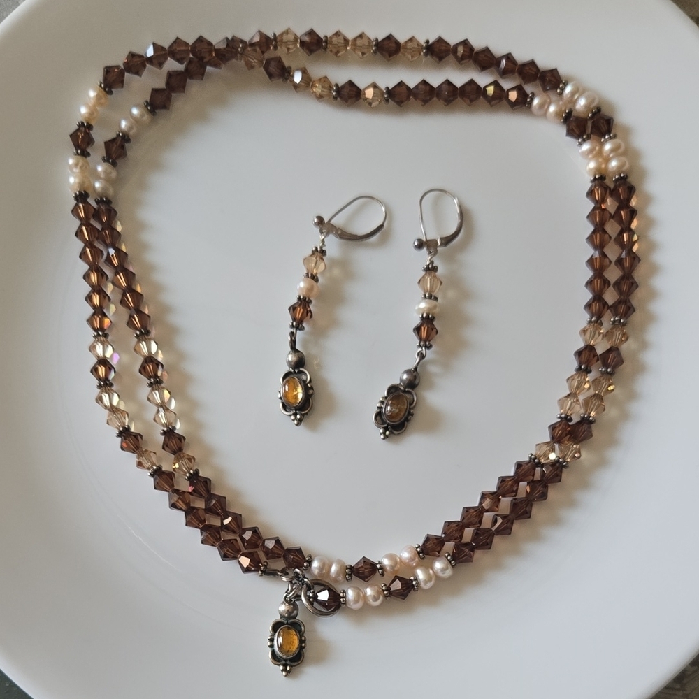 Swarowski Crysrals Natural Pearls Citrine Drop 34 Inch Lariat Necklace & Earring